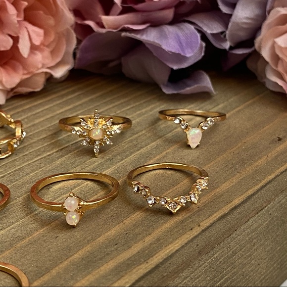 12 Pcs Boho Gypsy Gold, Crystal & Opal Ring Set - Picture 12 of 16